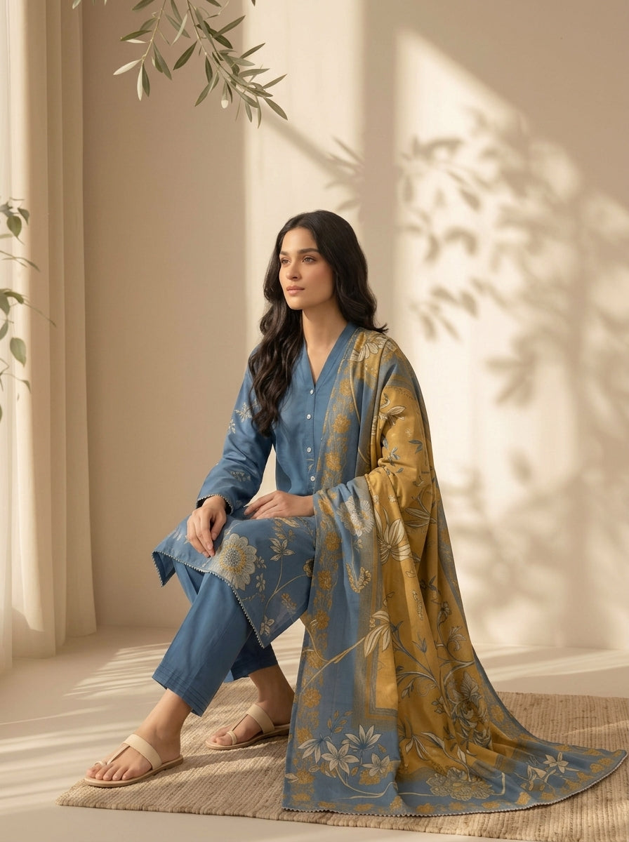 3 Piece Dobby Viscose Printed Suit (Unstitched)
