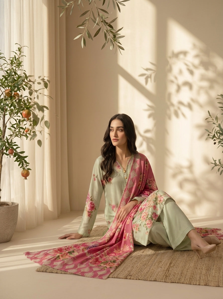 3 Piece Dobby Viscose Printed Suit (Unstitched)