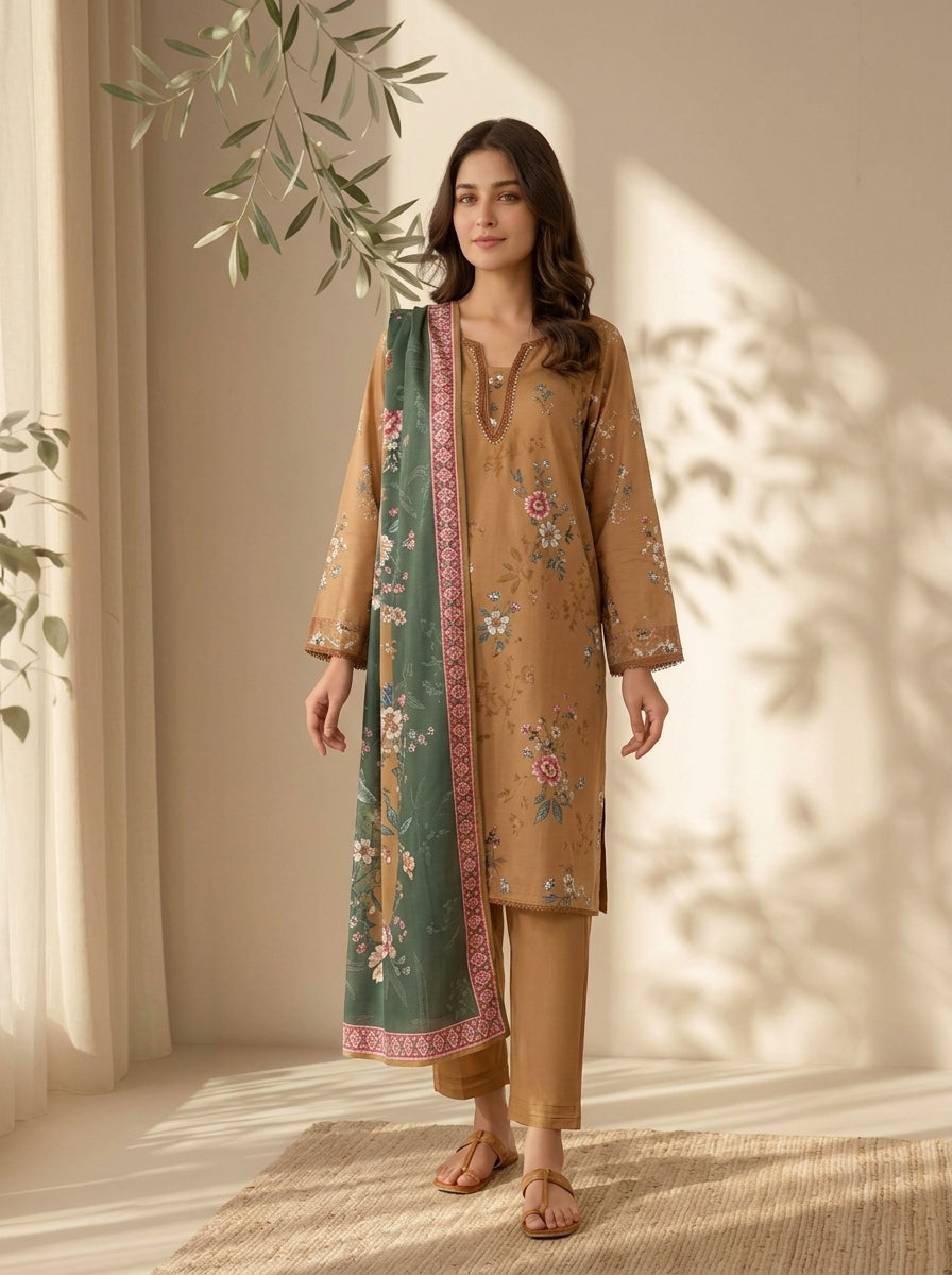 3 Piece Dobby Viscose Printed Suit (Unstitched)
