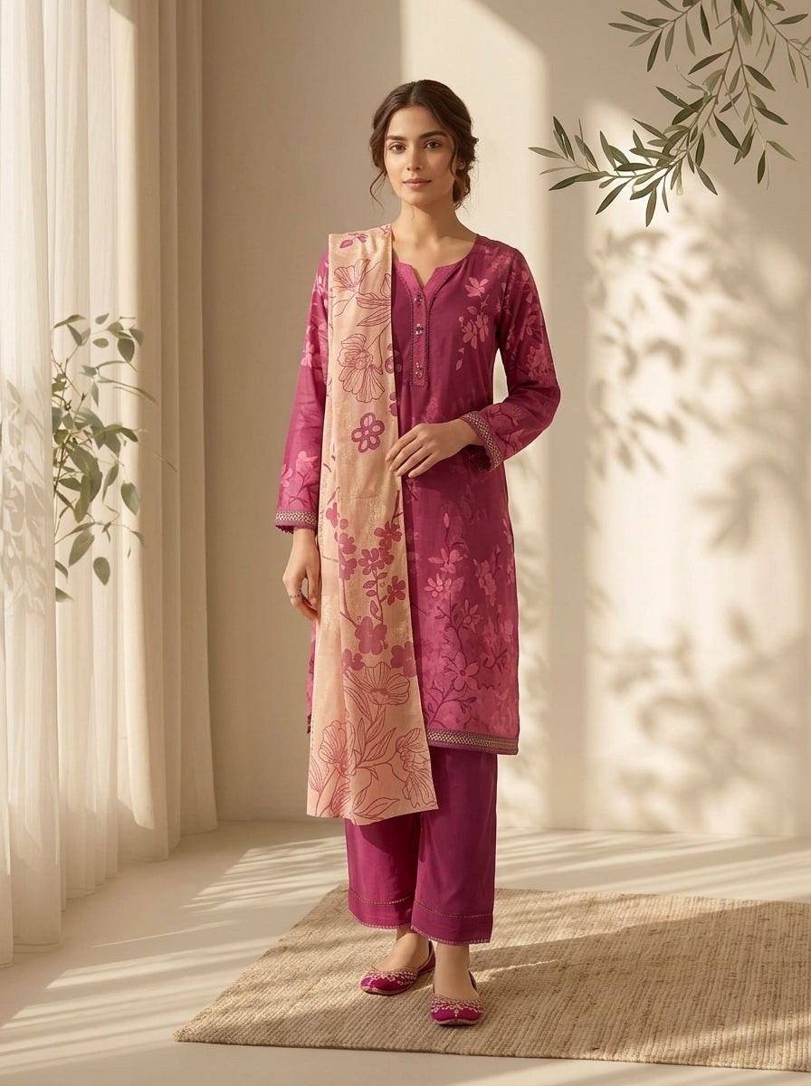 3 Piece Dobby Viscose Printed Suit (Unstitched)
