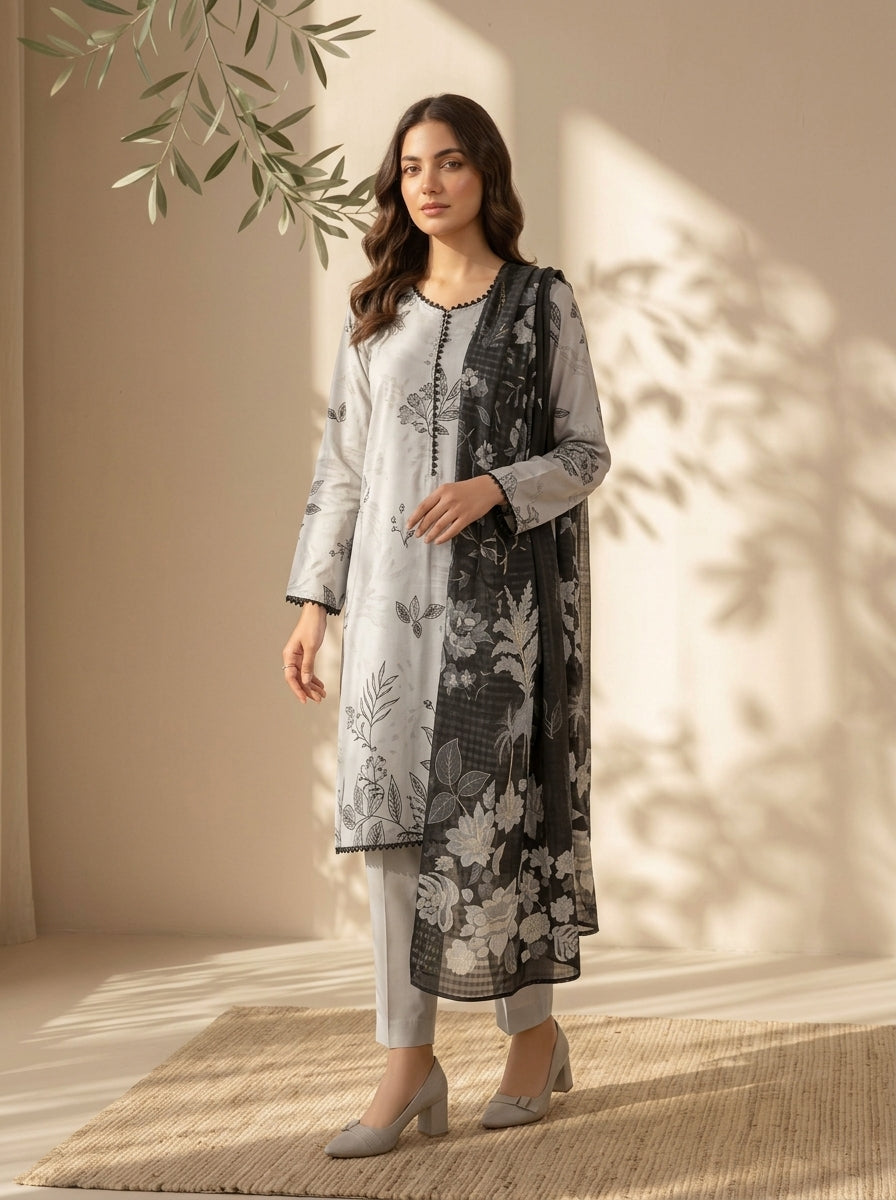 3 Piece Dobby Viscose Printed Suit (Unstitched)