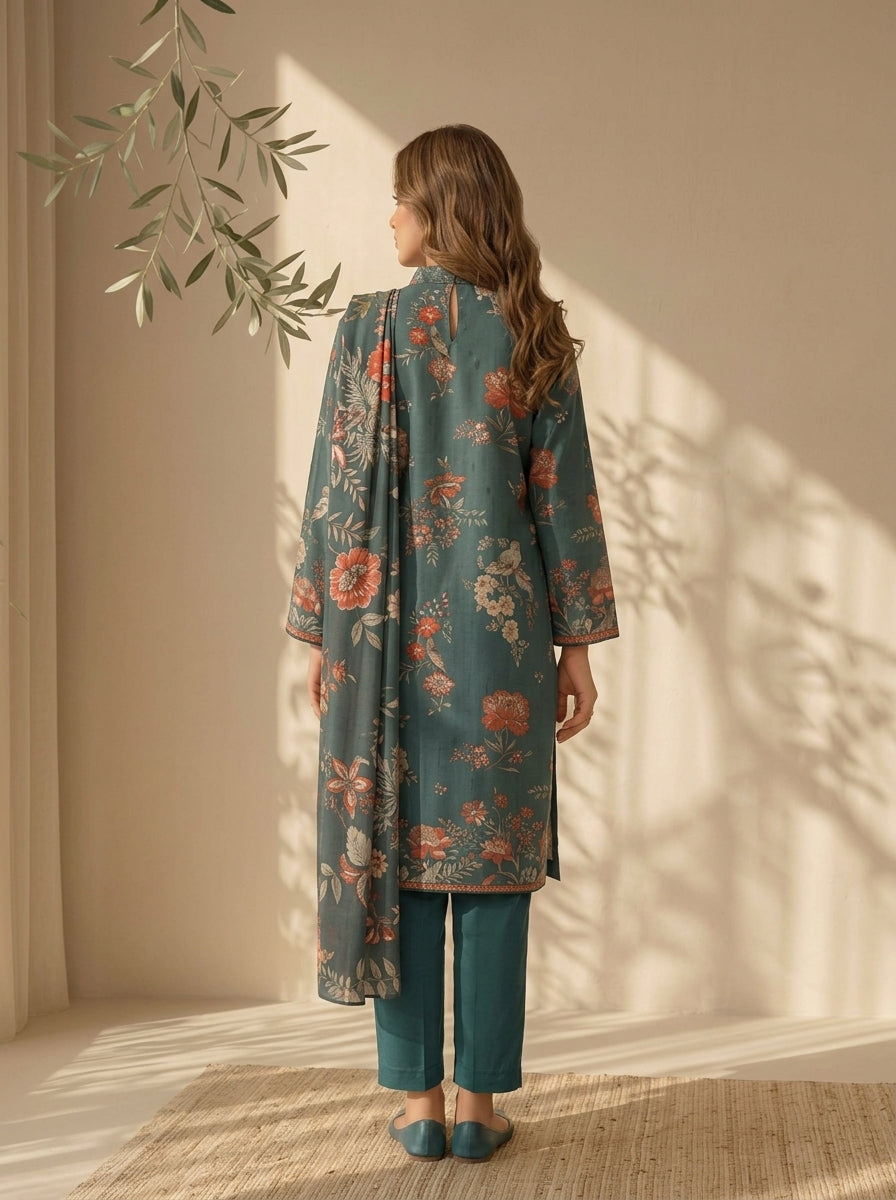 3 Piece Dobby Viscose Printed Suit (Unstitched)