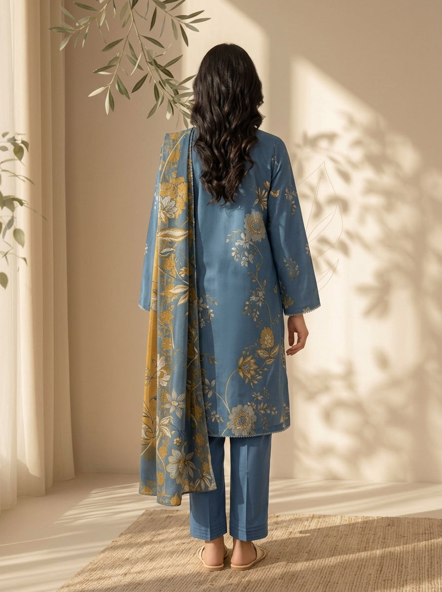 3 Piece Dobby Viscose Printed Suit (Unstitched)