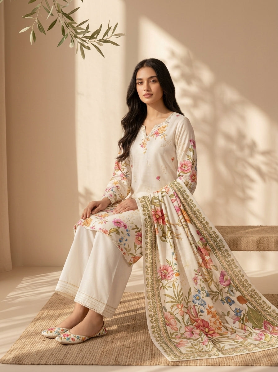 3 Piece Dobby Viscose Printed Suit (Unstitched)