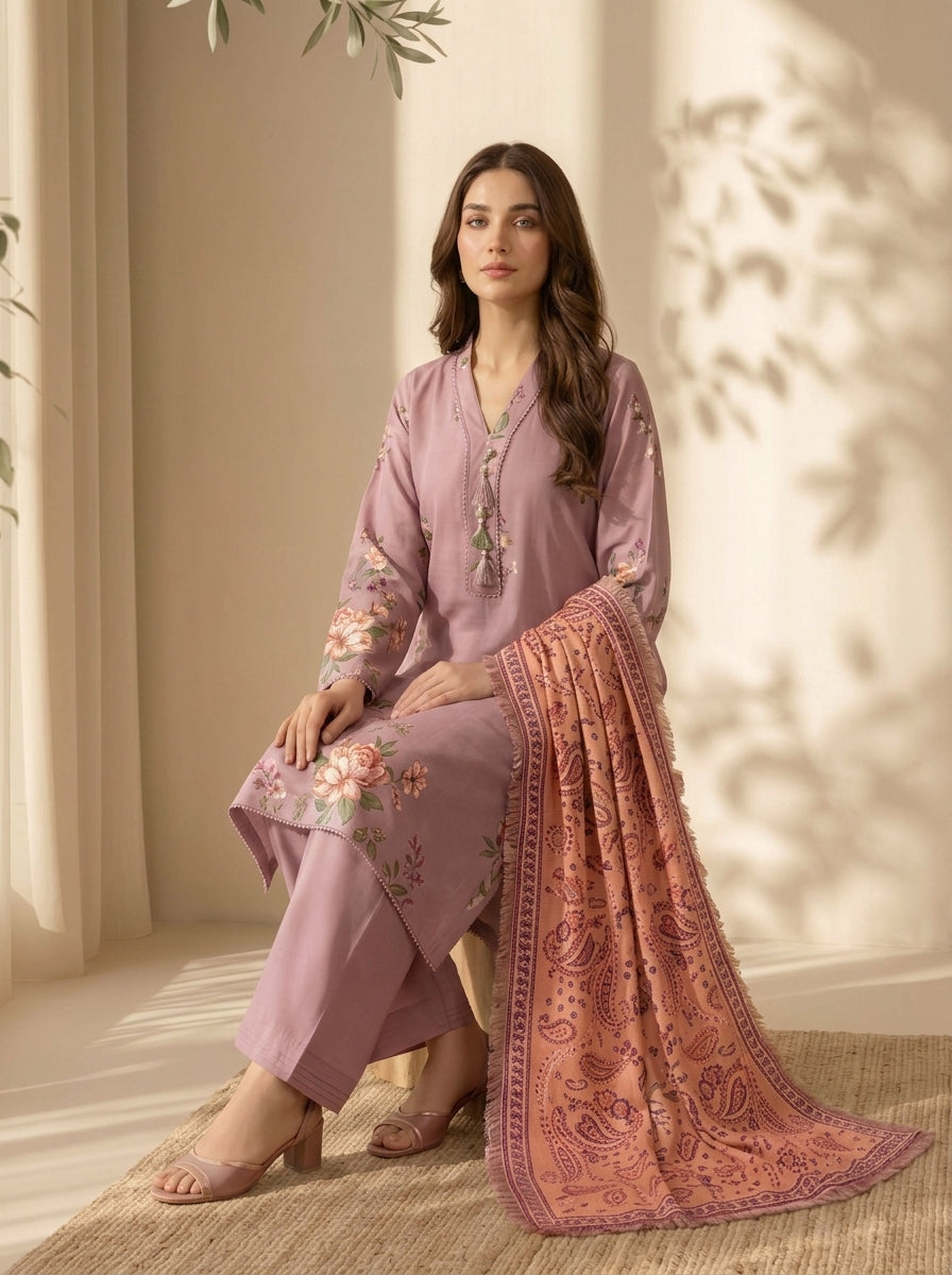 3 Piece Dobby Viscose Printed Suit (Unstitched)
