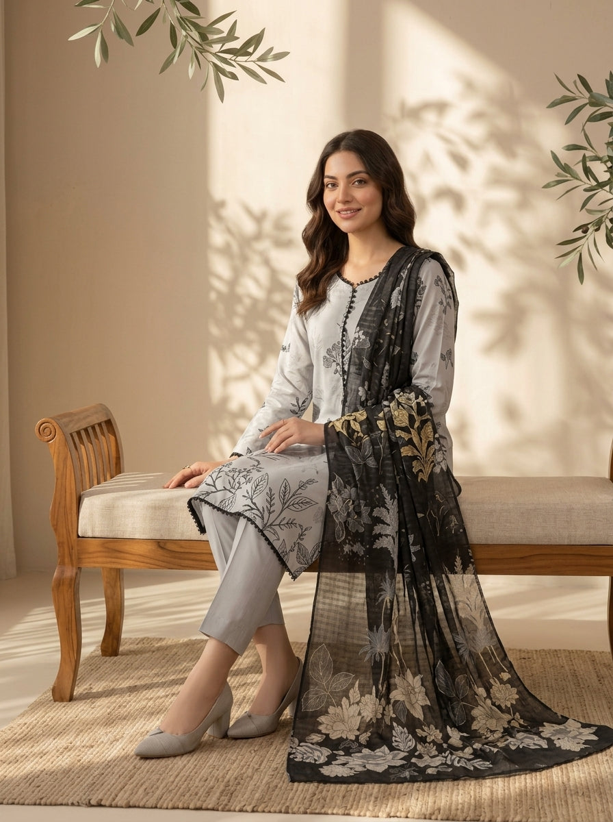 3 Piece Dobby Viscose Printed Suit (Unstitched)