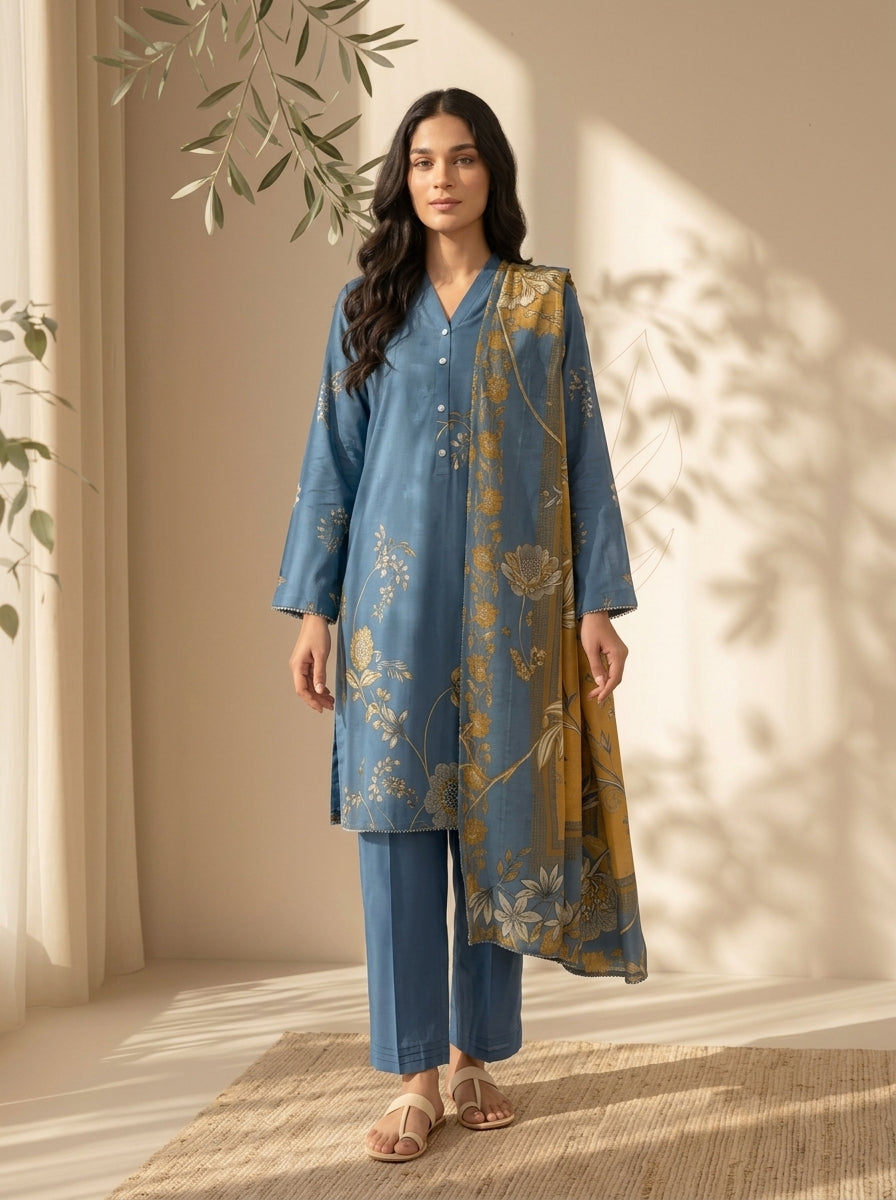3 Piece Dobby Viscose Printed Suit (Unstitched)