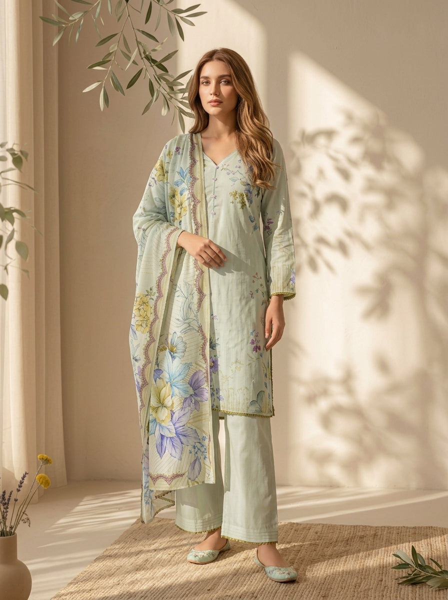 3 Piece Dobby Viscose Printed Suit (Unstitched)