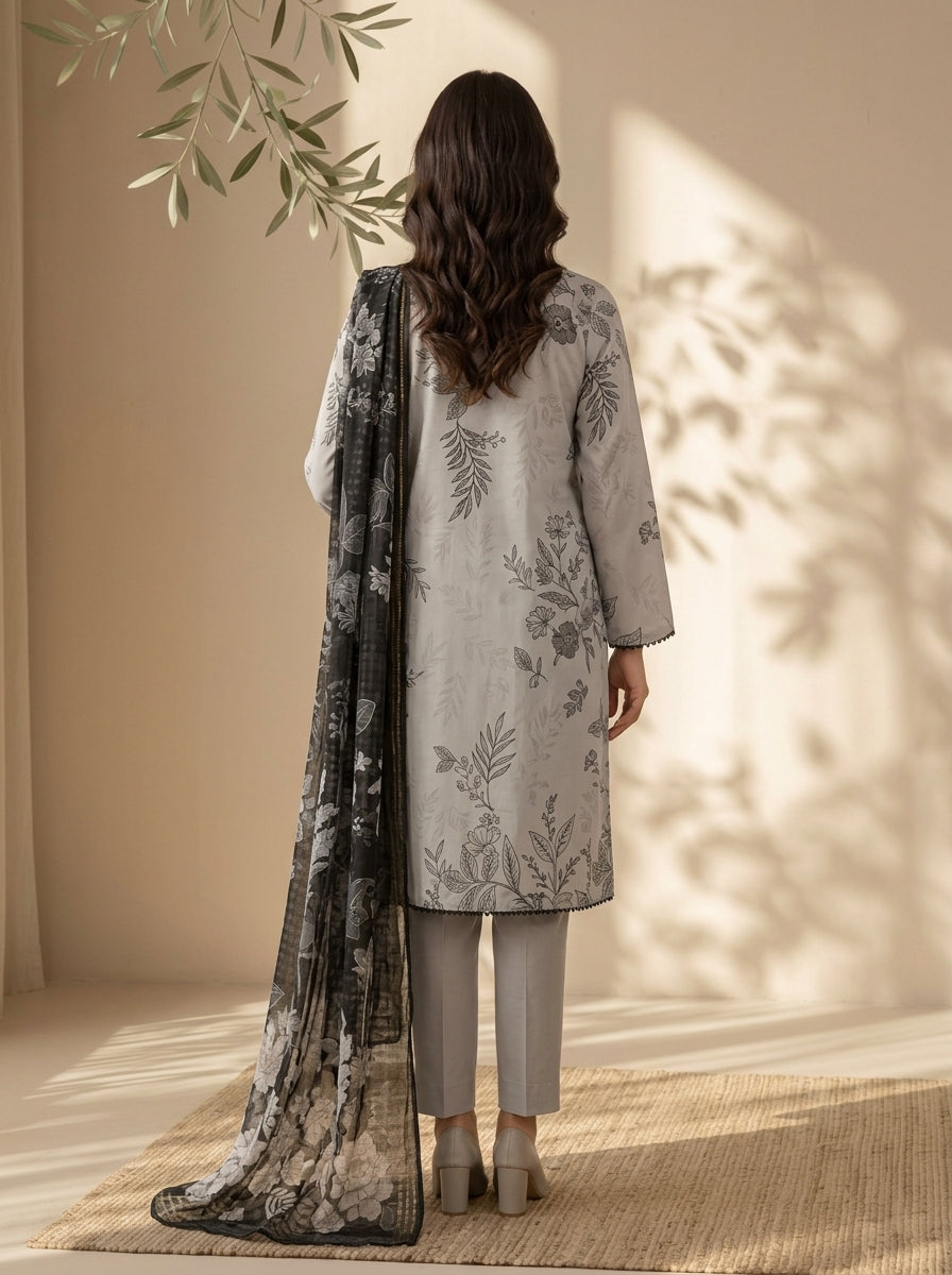 3 Piece Dobby Viscose Printed Suit (Unstitched)