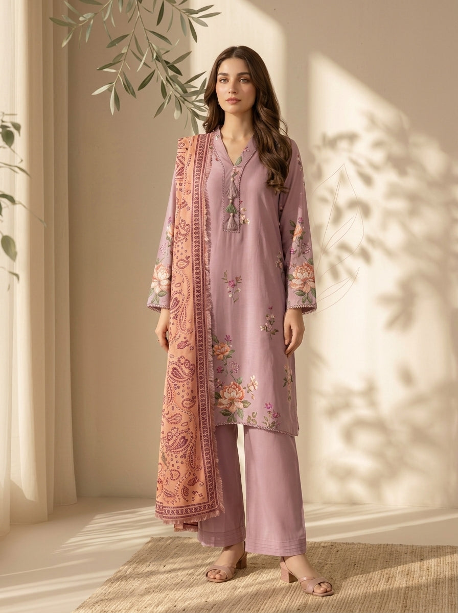 3 Piece Dobby Viscose Printed Suit (Unstitched)