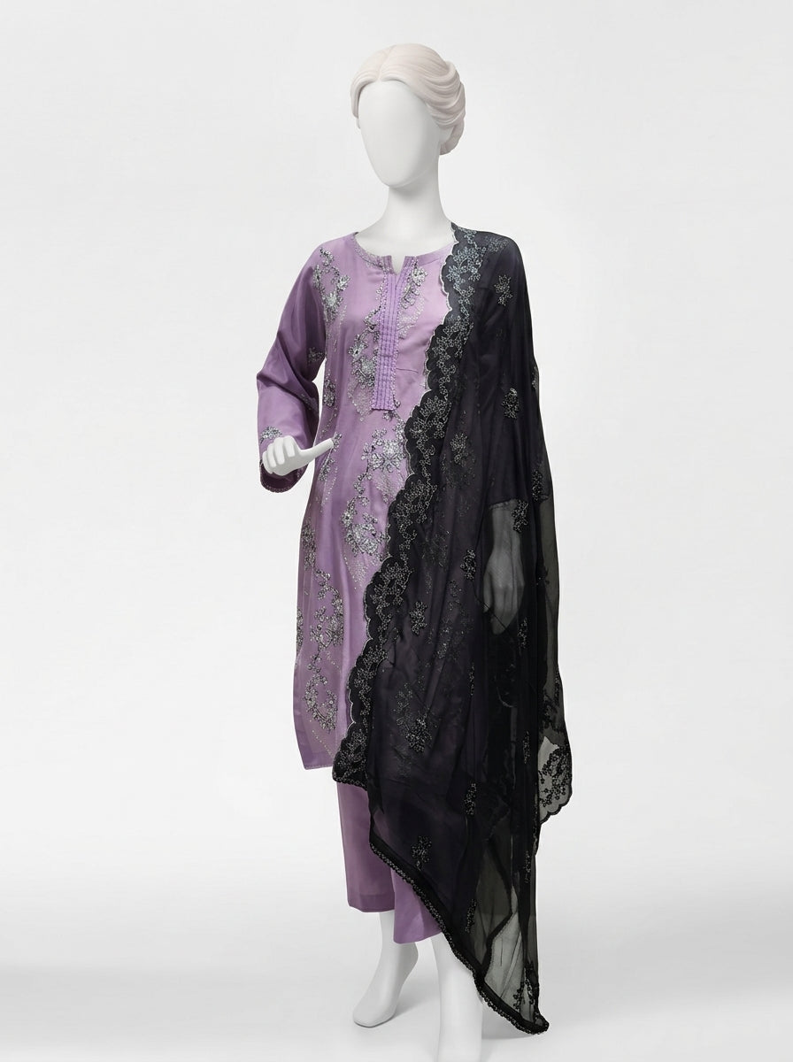 3 Piece Embroidered Karandi Suit with Full Embroidered Chiffon Dupatta (Stitched)