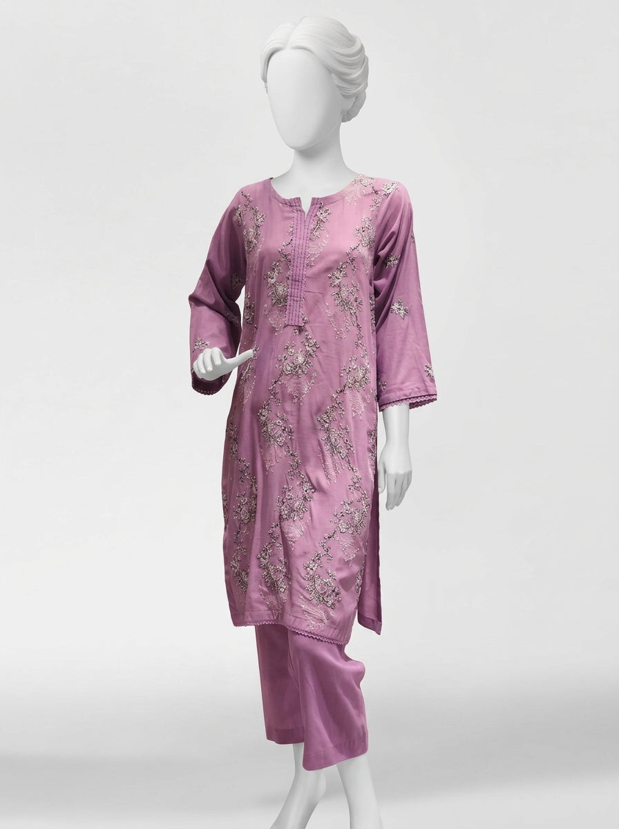 3 Piece Embroidered Karandi Suit with Full Embroidered Chiffon Dupatta (Stitched)