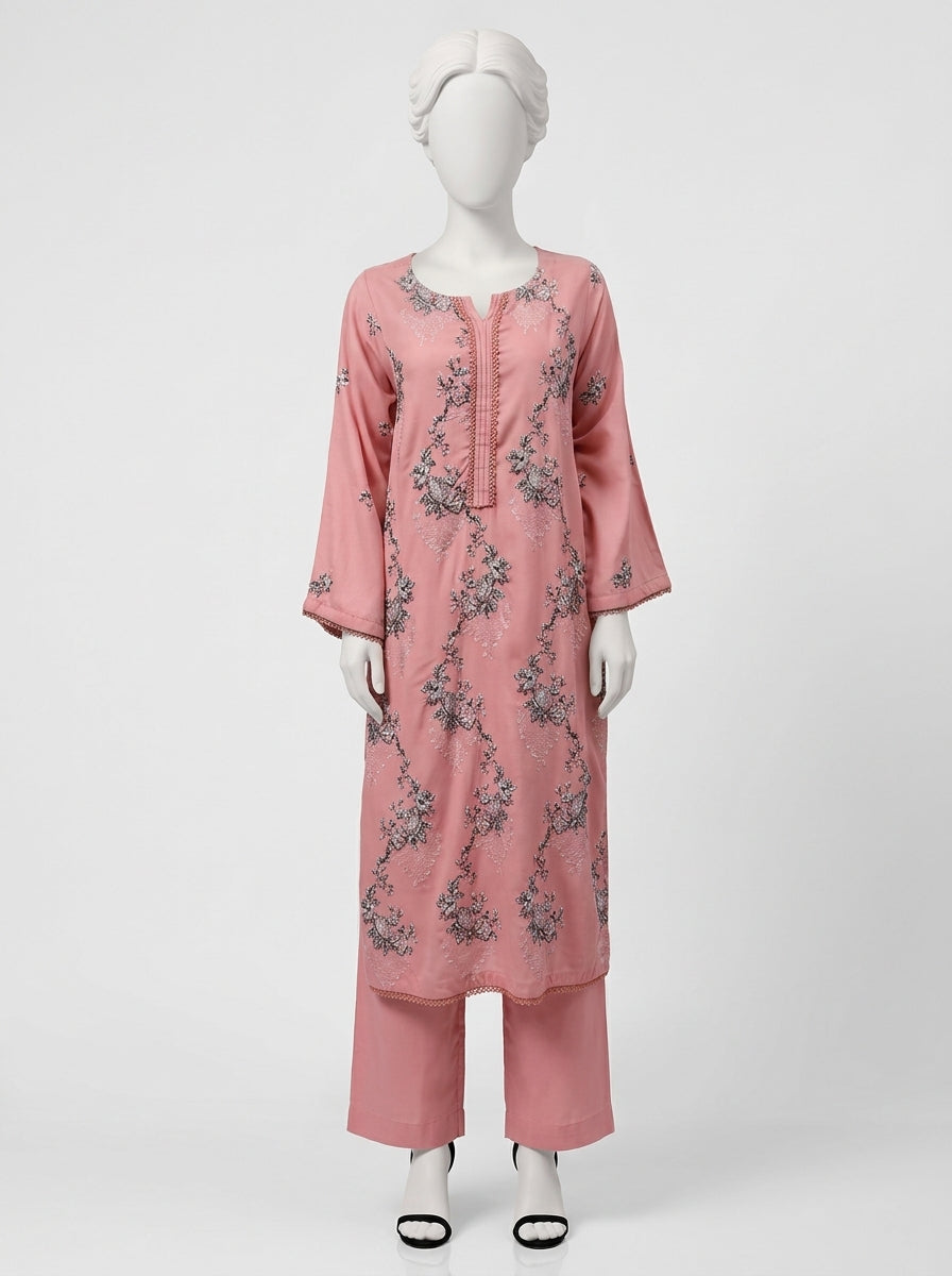 3 Piece Embroidered Karandi Suit with Full Embroidered Chiffon Dupatta (Stitched)