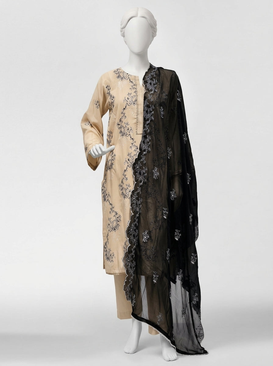3 Piece Embroidered Karandi Suit with Full Embroidered Chiffon Dupatta (Stitched)