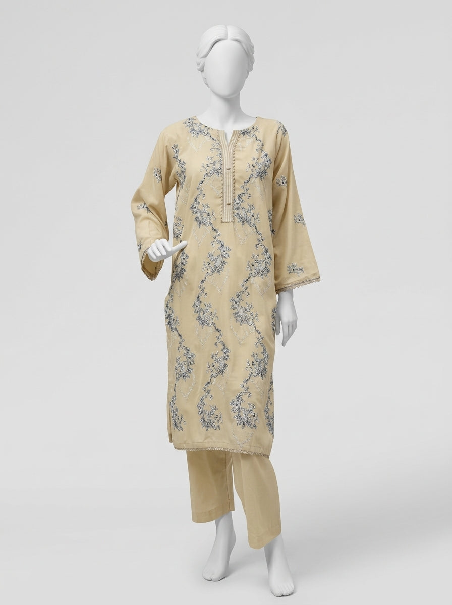 3 Piece Embroidered Karandi Suit with Full Embroidered Chiffon Dupatta (Stitched)