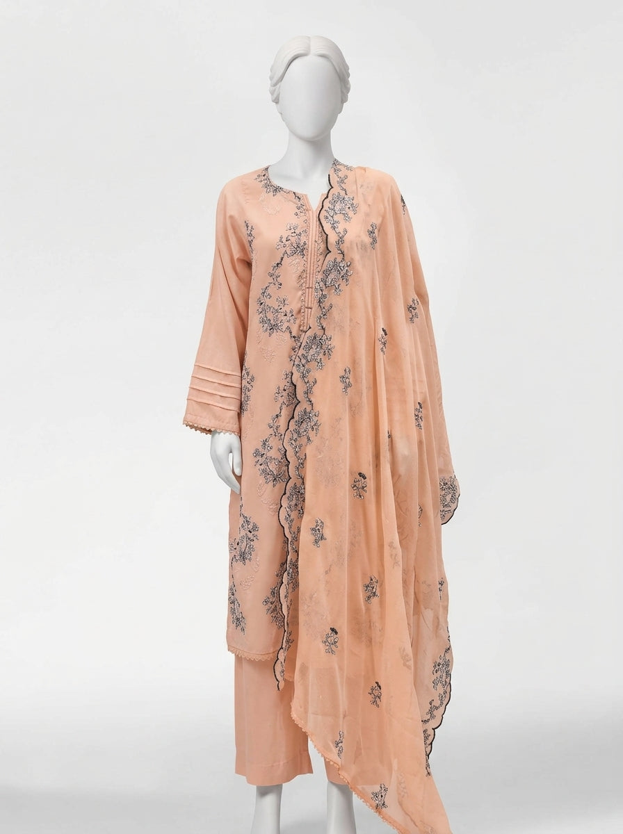 3 Piece Embroidered Karandi Suit with Full Embroidered Chiffon Dupatta (Stitched)