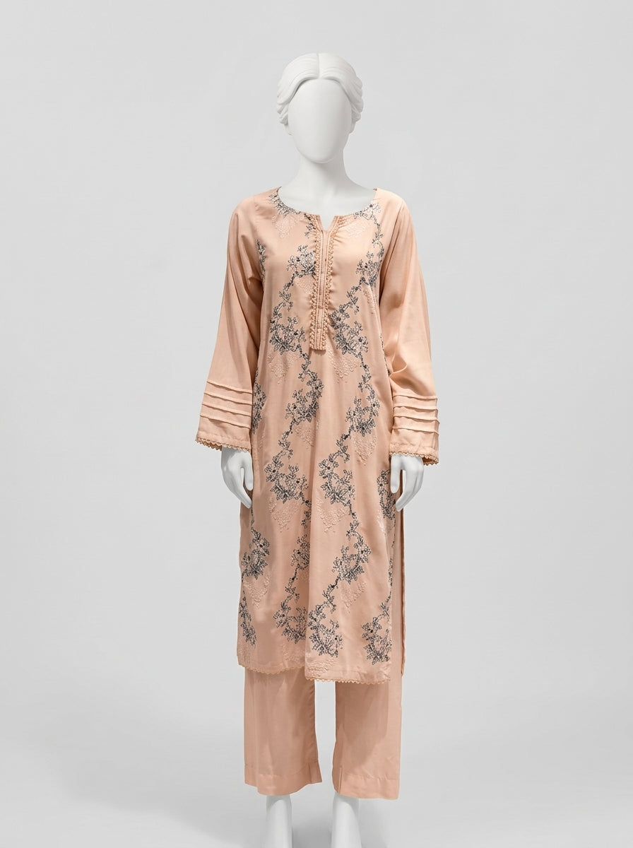 3 Piece Embroidered Karandi Suit with Full Embroidered Chiffon Dupatta (Stitched)