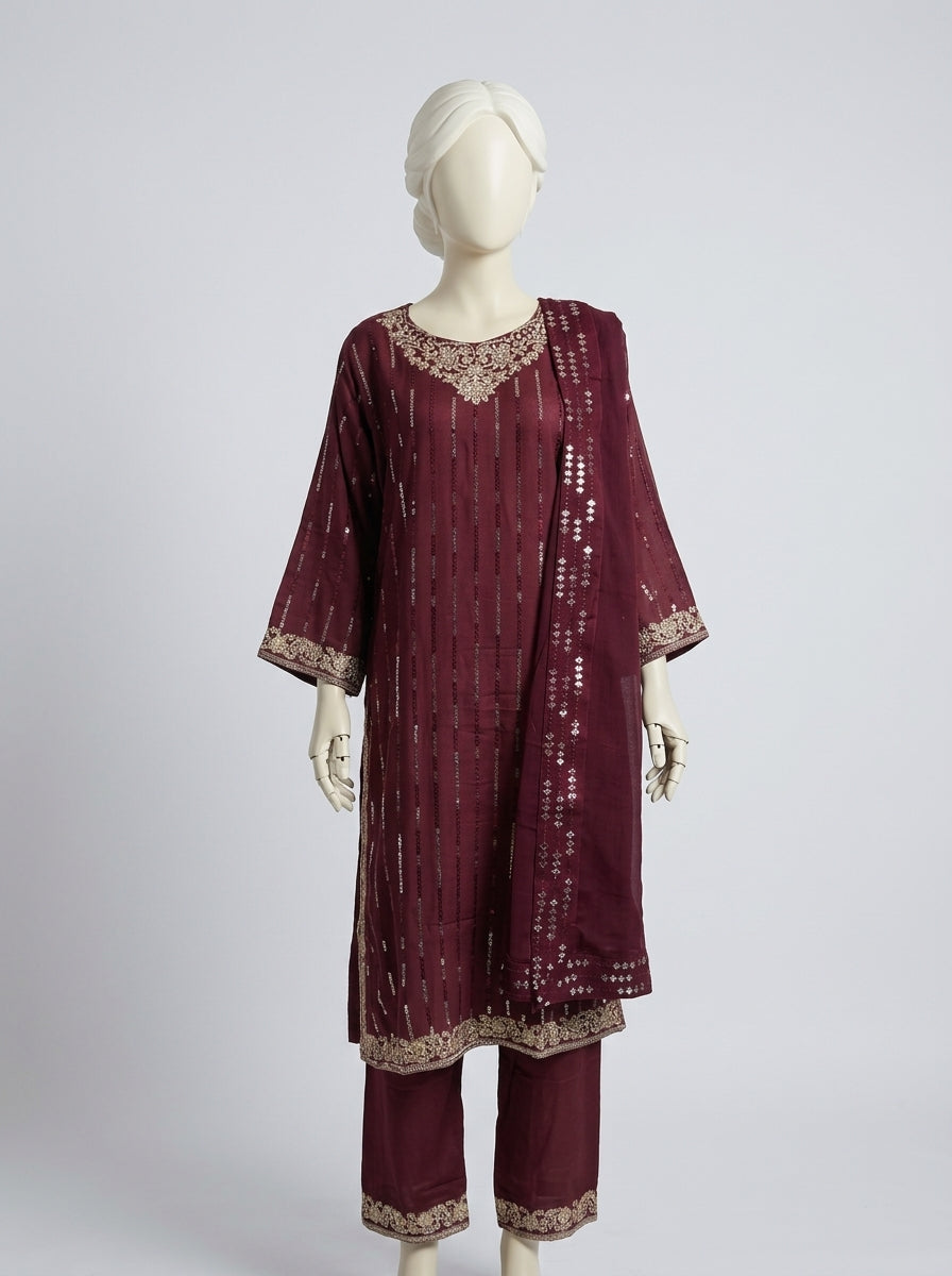 3 Piece Embroidered Karandi Suit (Stitched)