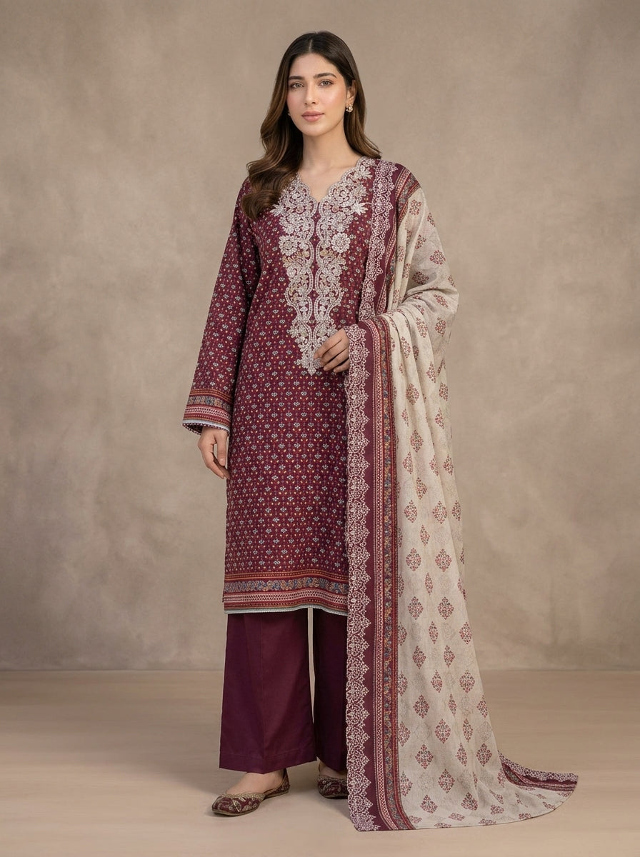 3 Piece Embroidered Khaddar Suit (Unstitched)