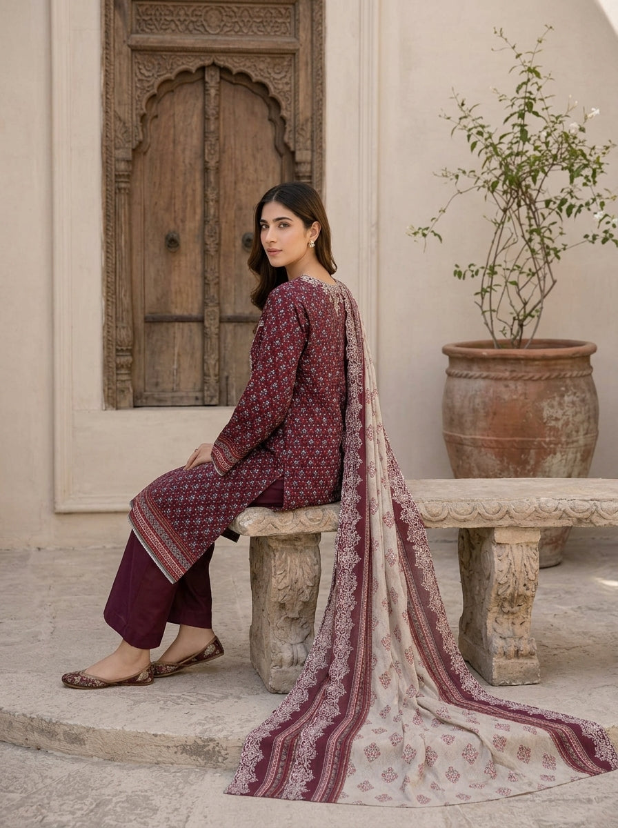 3 Piece Embroidered Khaddar Suit (Unstitched)