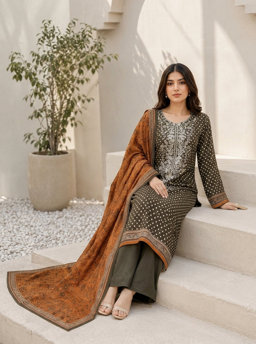 3 Piece Embroidered Khaddar Suit (Unstitched)