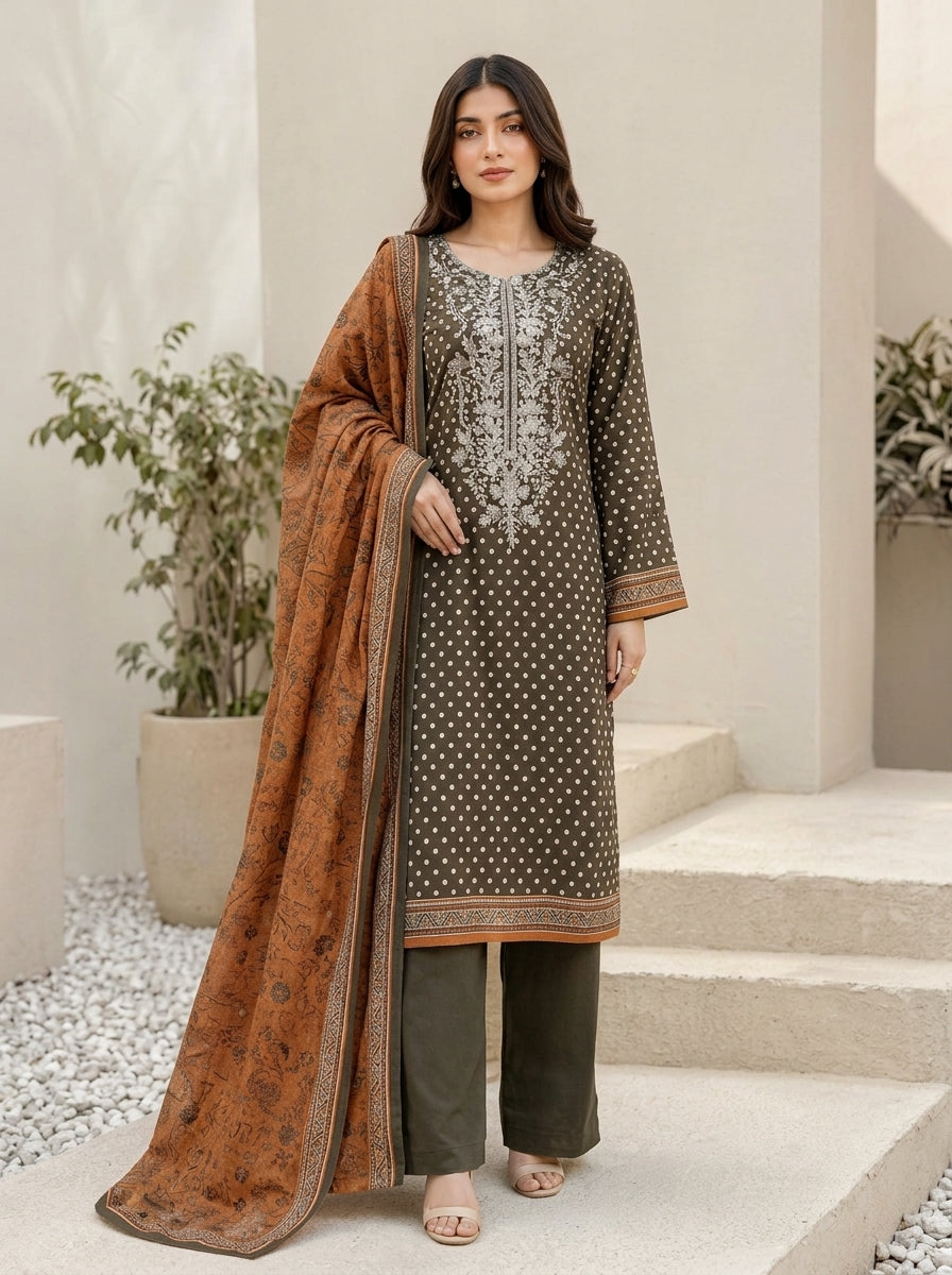 3 Piece Embroidered Khaddar Suit (Unstitched)