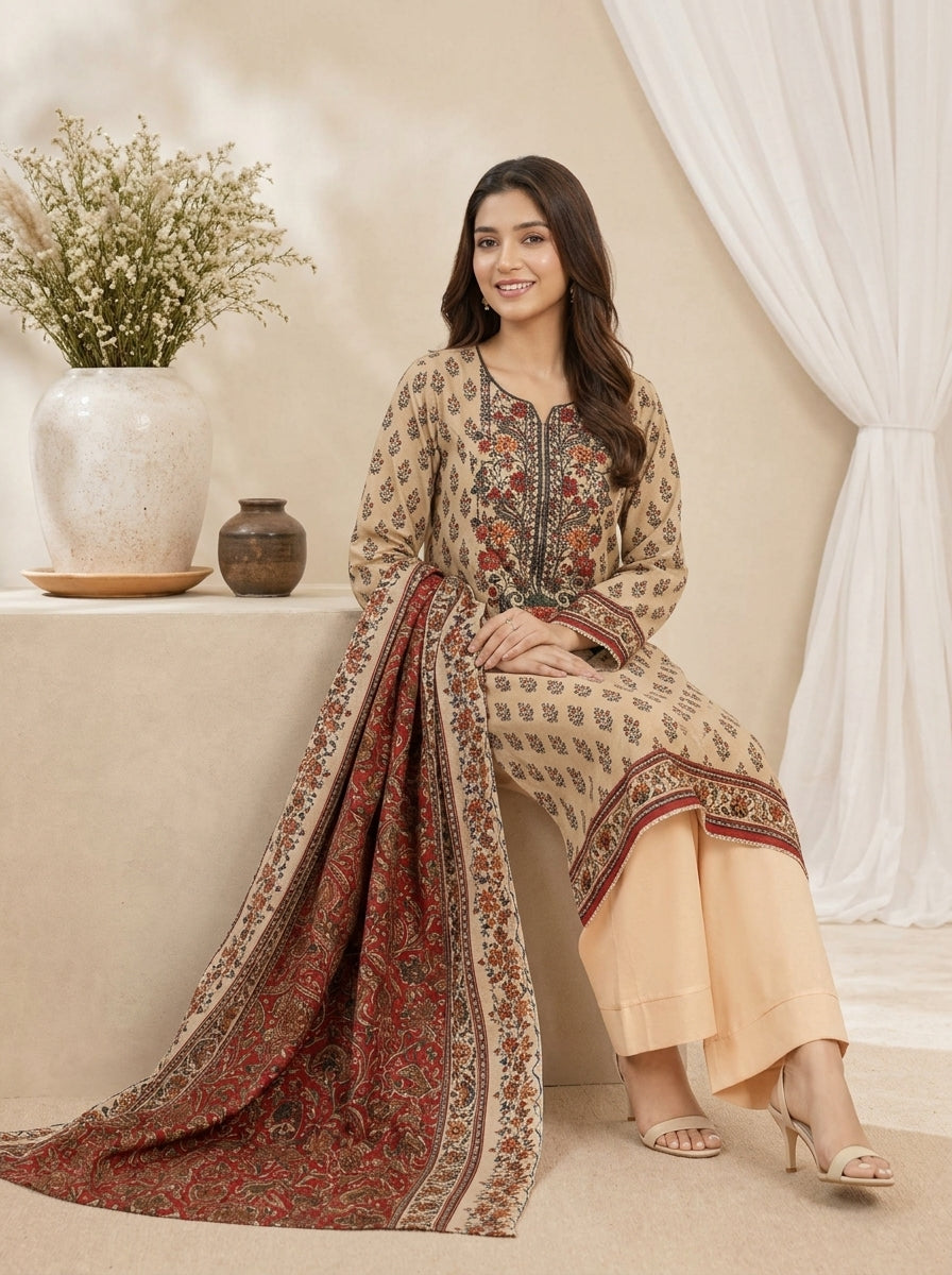 3 Piece Embroidered Khaddar Suit (Unstitched)