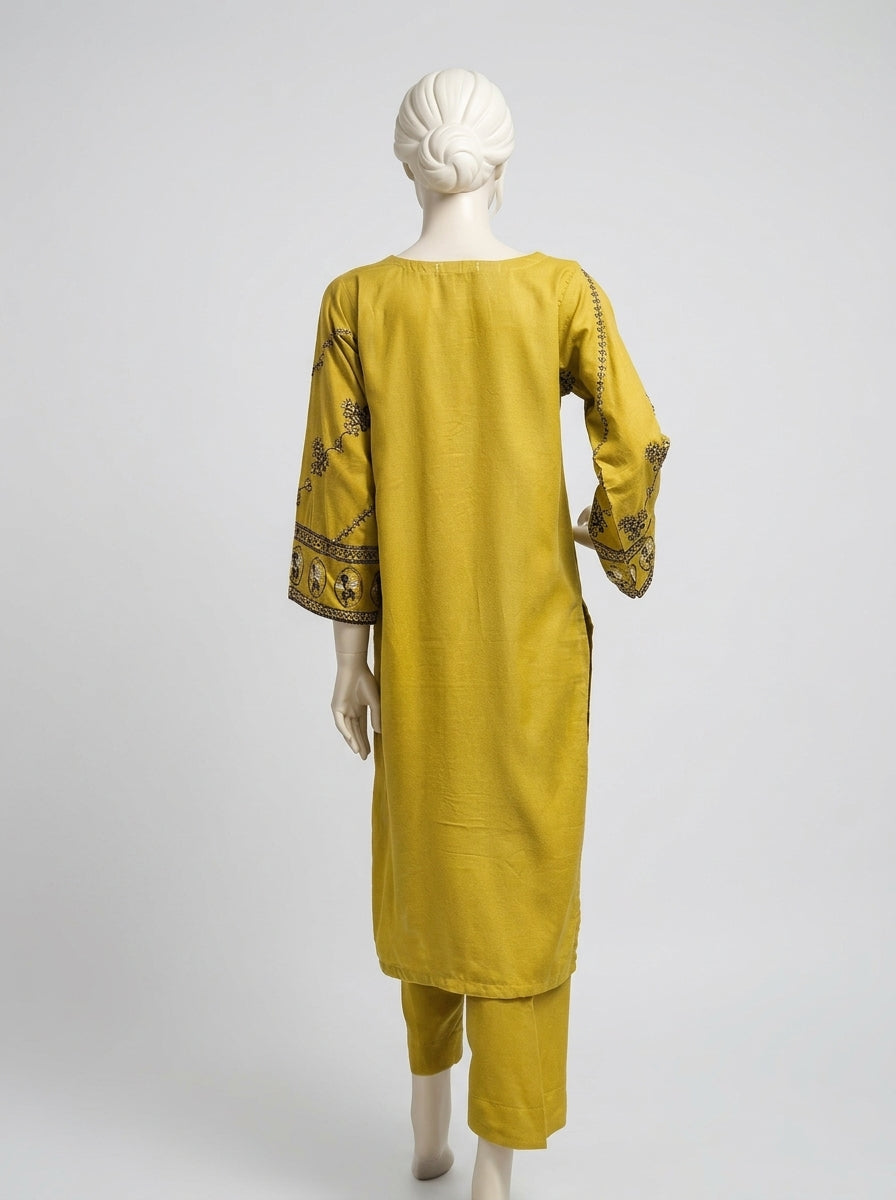 3 Piece Embroidered Karandi Suit with Chiffon Dupatta (Stitched)