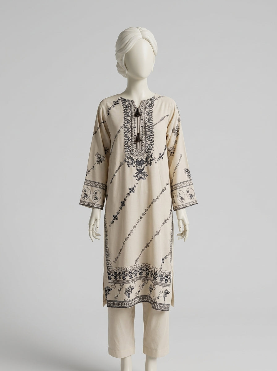 3 Piece Embroidered Karandi Suit with Chiffon Dupatta (Stitched)