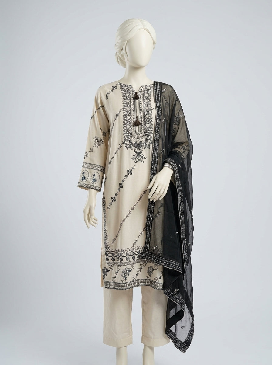 3 Piece Embroidered Karandi Suit with Chiffon Dupatta (Stitched)