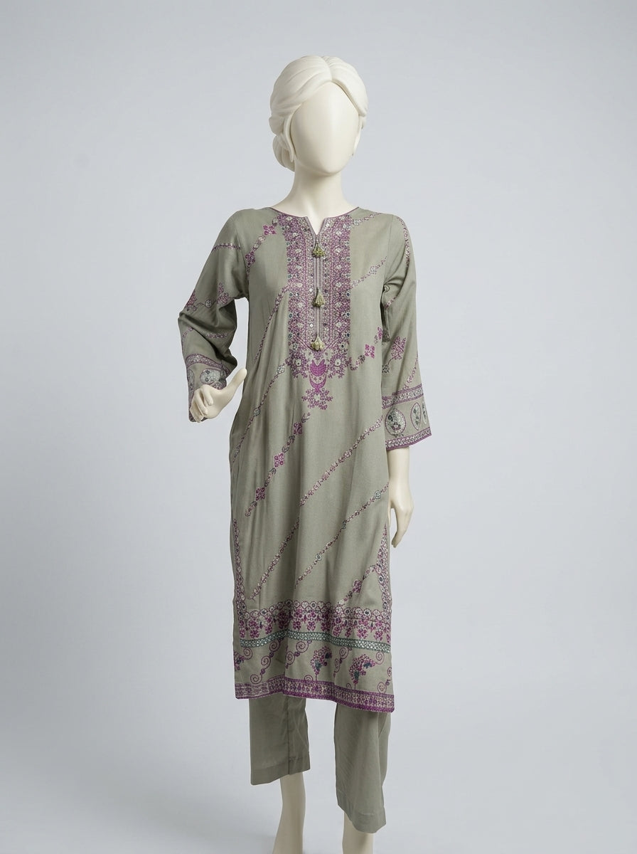 3 Piece Embroidered Karandi Suit with Chiffon Dupatta (Stitched)