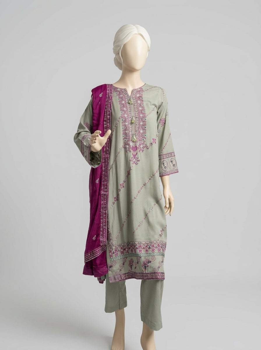 3 Piece Embroidered Karandi Suit with Chiffon Dupatta (Stitched)