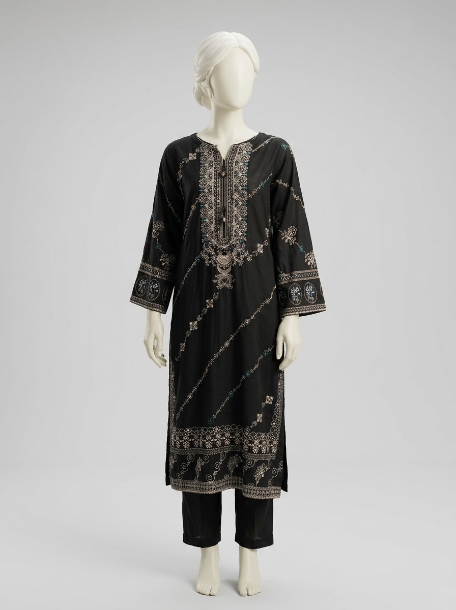 3 Piece Embroidered Karandi Suit with Chiffon Dupatta (Stitched)