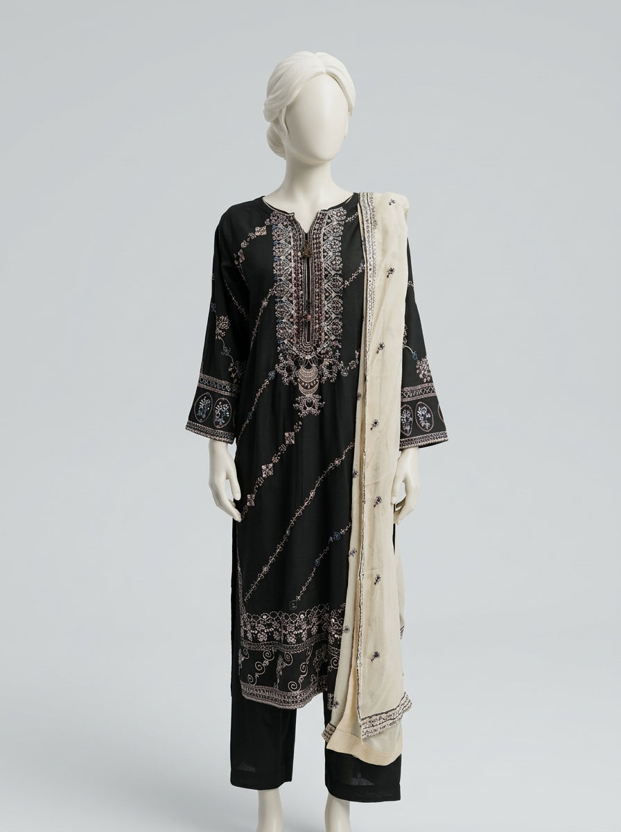 3 Piece Embroidered Karandi Suit with Chiffon Dupatta (Stitched)