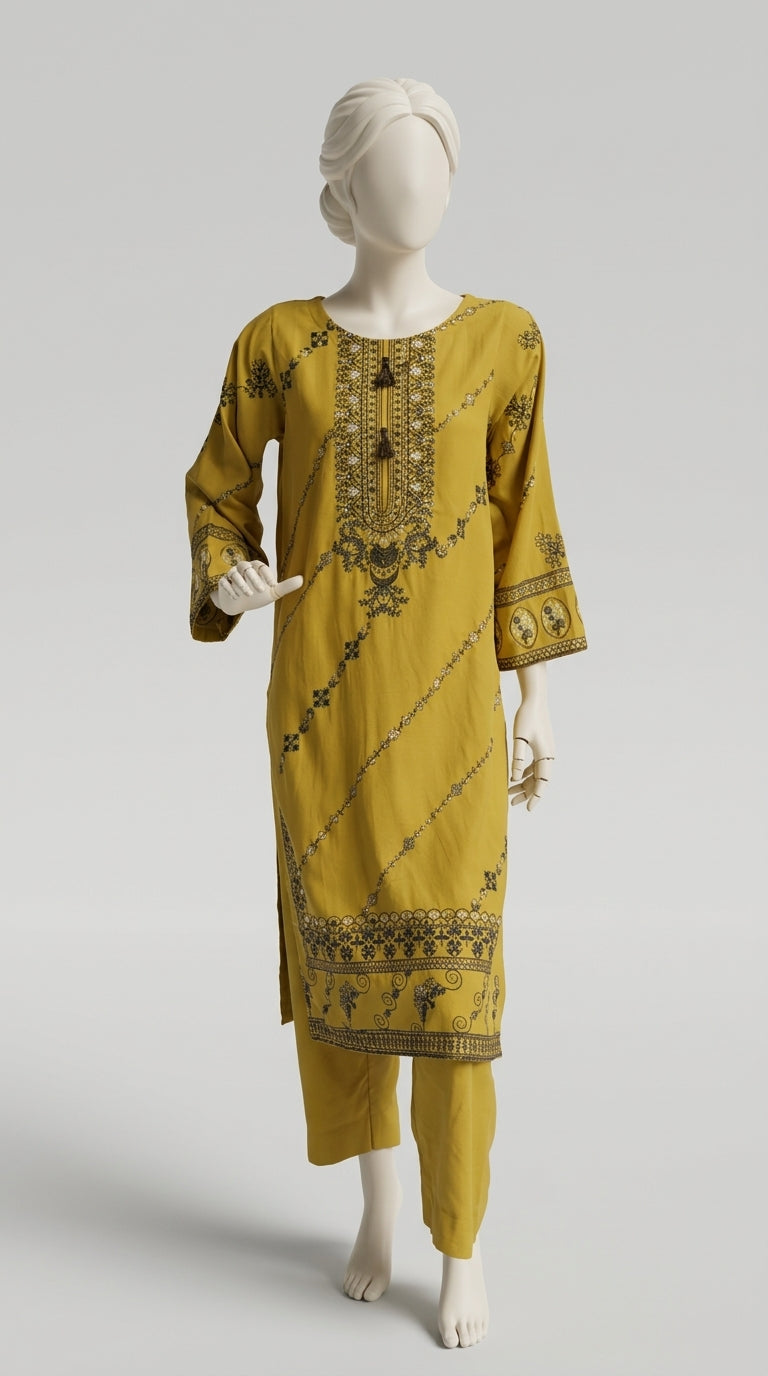 3 Piece Embroidered Karandi Suit with Chiffon Dupatta (Stitched)