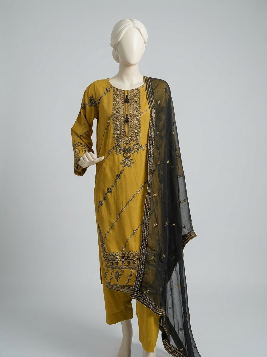 3 Piece Embroidered Karandi Suit with Chiffon Dupatta (Stitched)