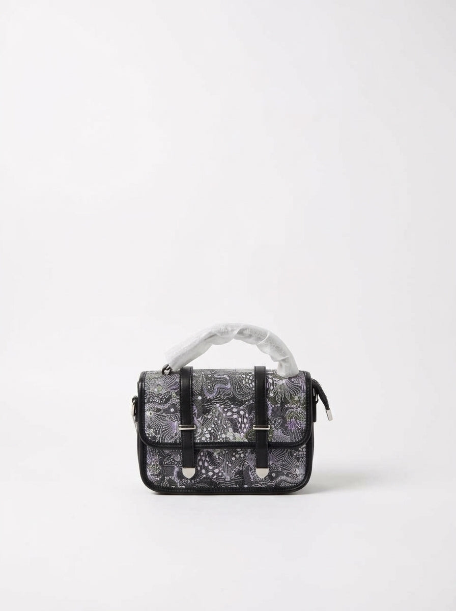 Grey Floral-Print Buckle-Strap Satchel