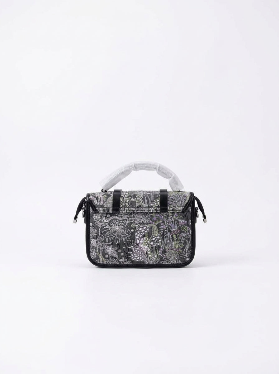 Grey Floral-Print Buckle-Strap Satchel