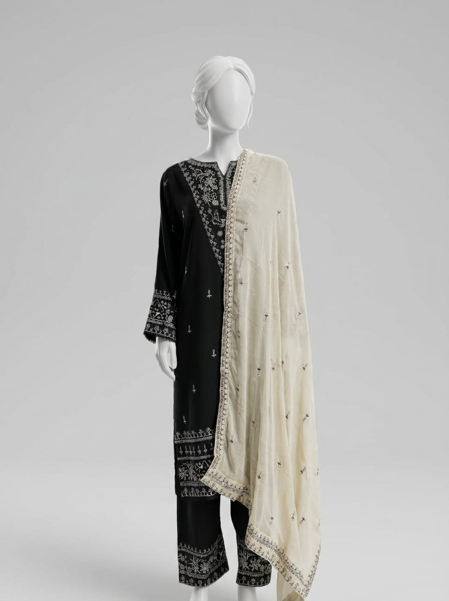 3 Piece Heavy Embroidered Karandi Suit with Chiffon Dupatta & Embroidered Trouser (Stitched)