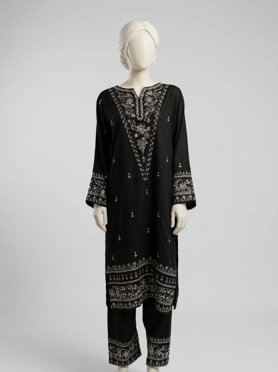 3 Piece Heavy Embroidered Karandi Suit with Chiffon Dupatta & Embroidered Trouser (Stitched)