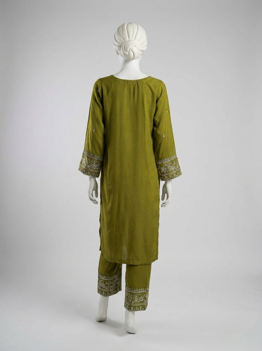 3 Piece Heavy Embroidered Karandi Suit with Chiffon Dupatta & Embroidered Trouser (Stitched)