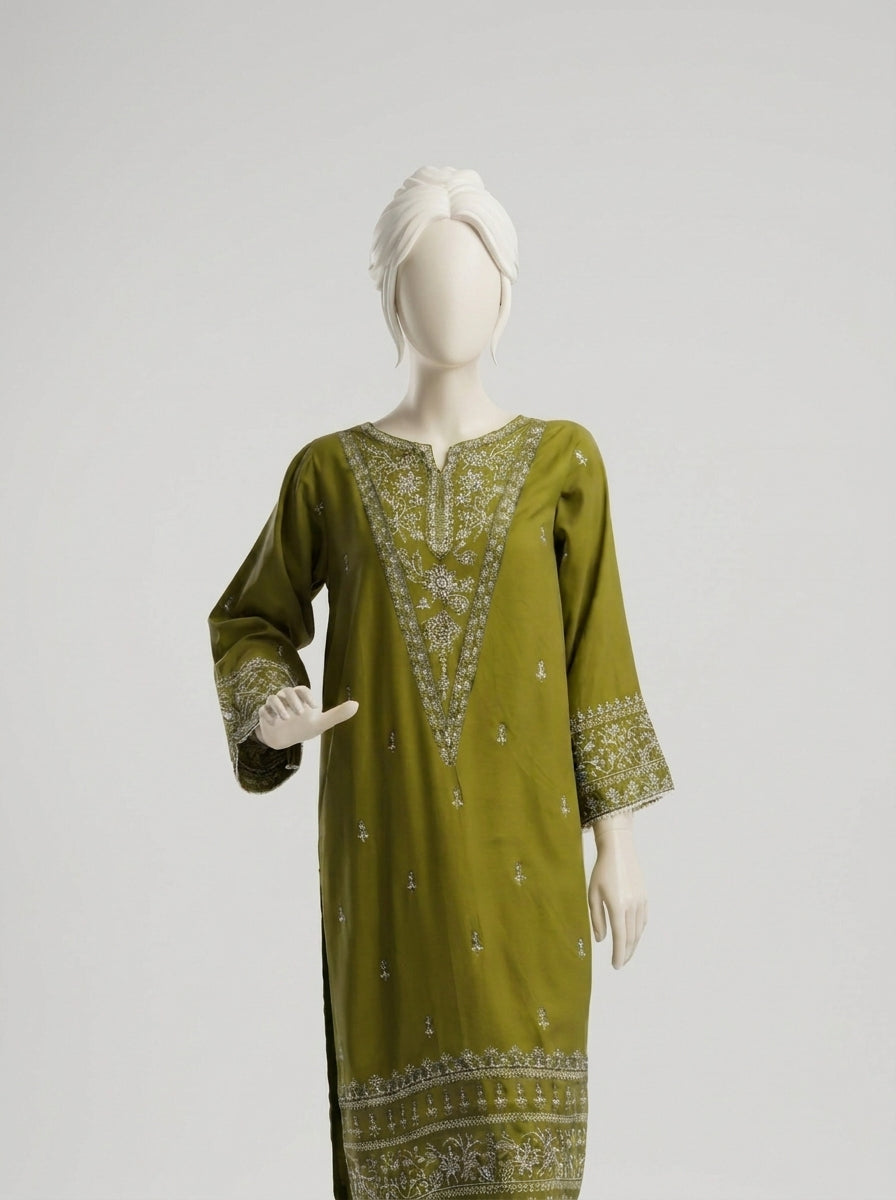 3 Piece Heavy Embroidered Karandi Suit with Chiffon Dupatta & Embroidered Trouser (Stitched)