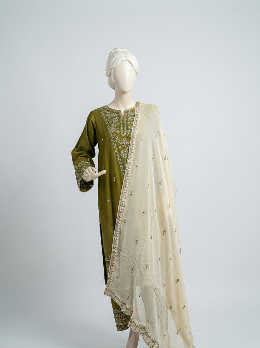 3 Piece Heavy Embroidered Karandi Suit with Chiffon Dupatta & Embroidered Trouser (Stitched)