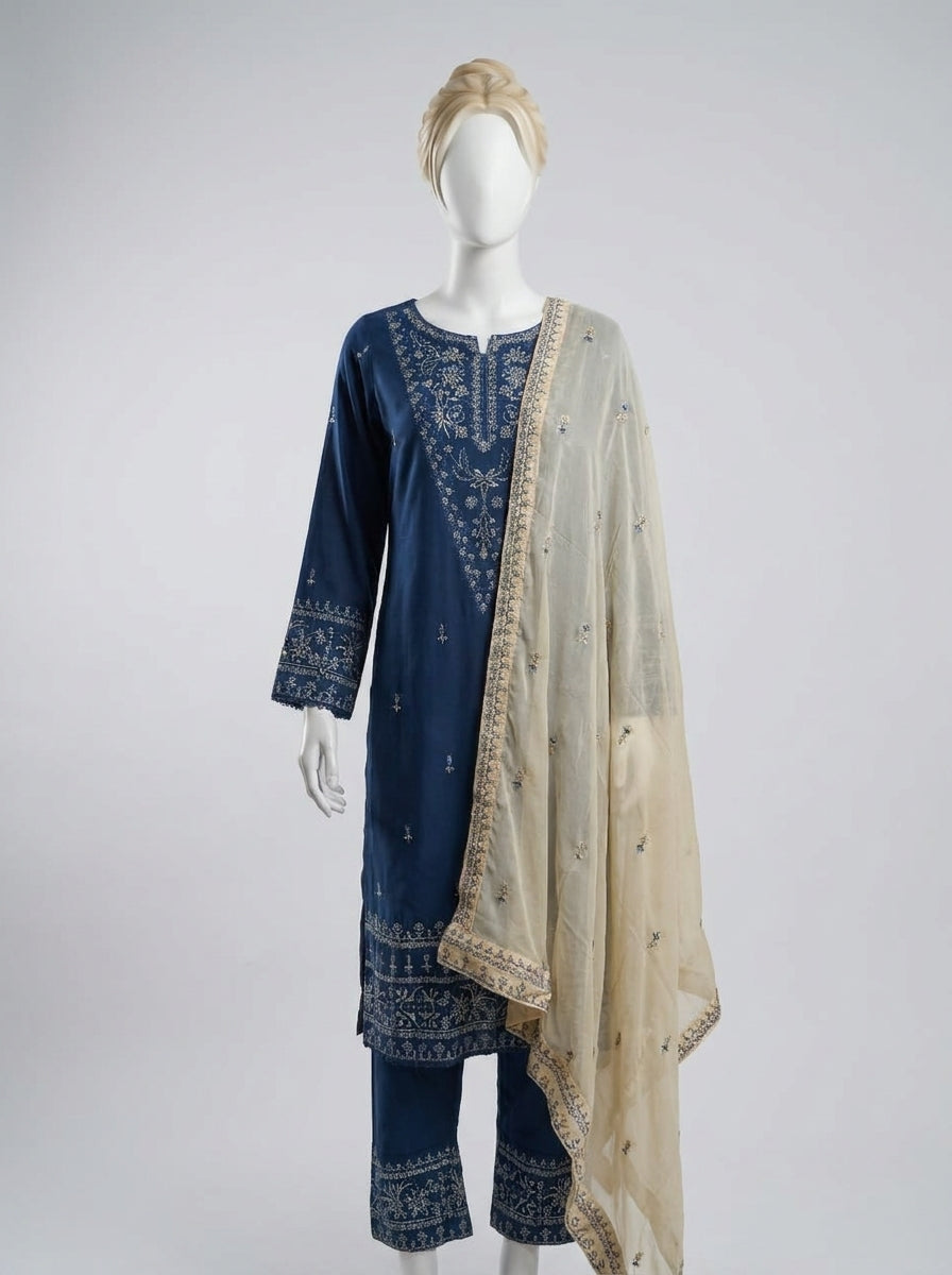 3 Piece Heavy Embroidered Karandi Suit with Chiffon Dupatta & Embroidered Trouser (Stitched)