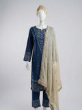 3 Piece Heavy Embroidered Karandi Suit with Chiffon Dupatta & Embroidered Trouser (Stitched)
