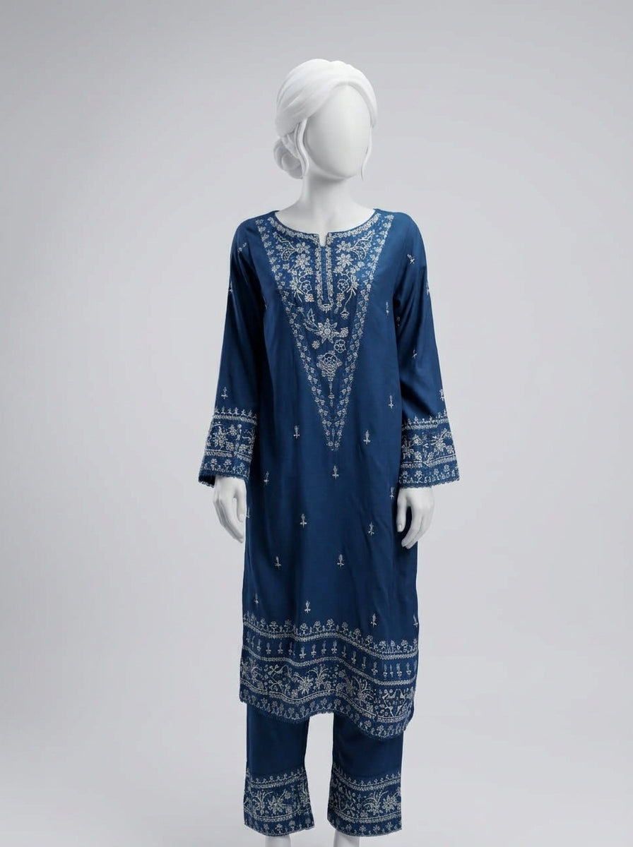 3 Piece Heavy Embroidered Karandi Suit with Chiffon Dupatta & Embroidered Trouser (Stitched)