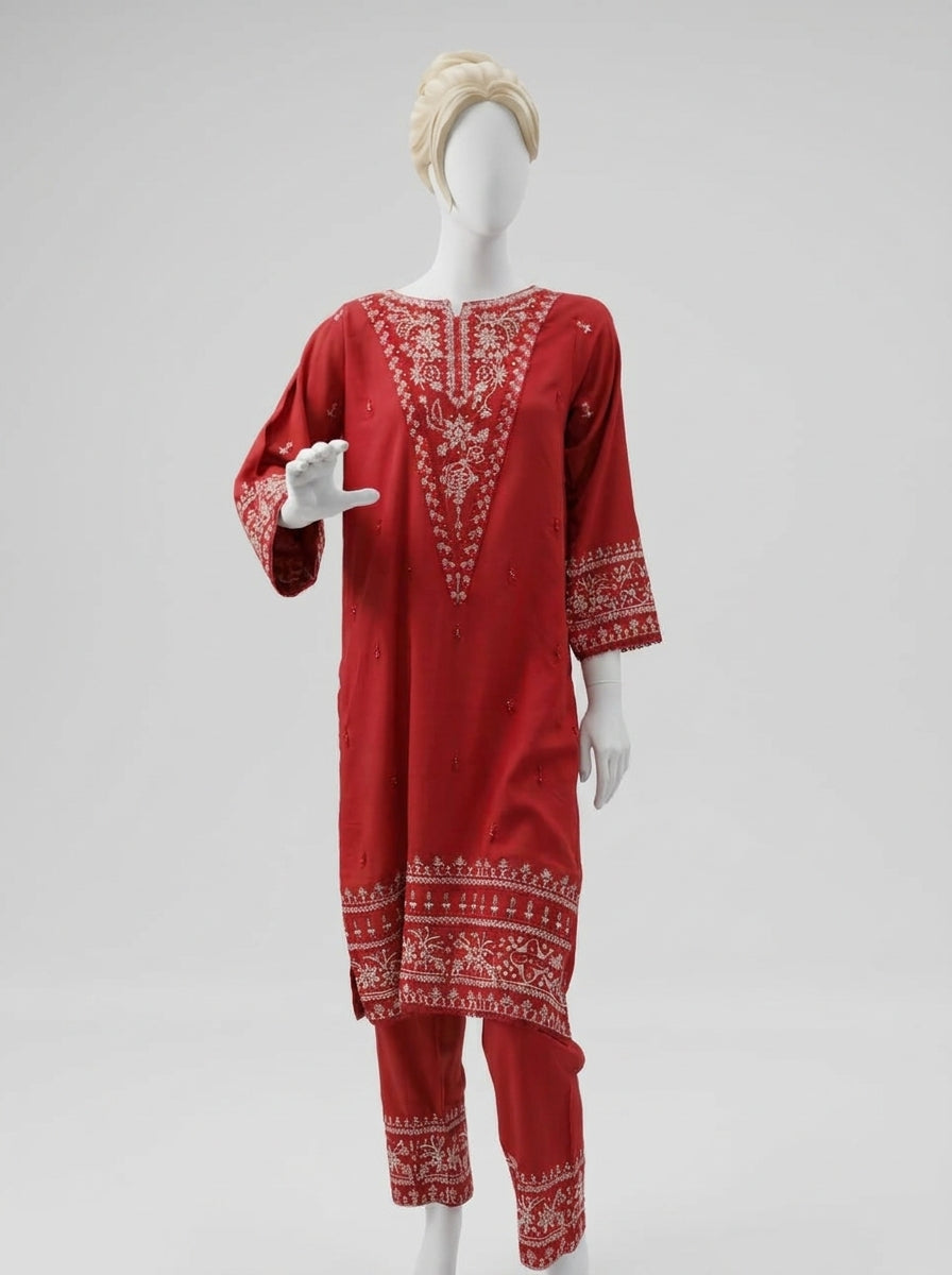 3 Piece Heavy Embroidered Karandi Suit with Chiffon Dupatta & Embroidered Trouser (Stitched)