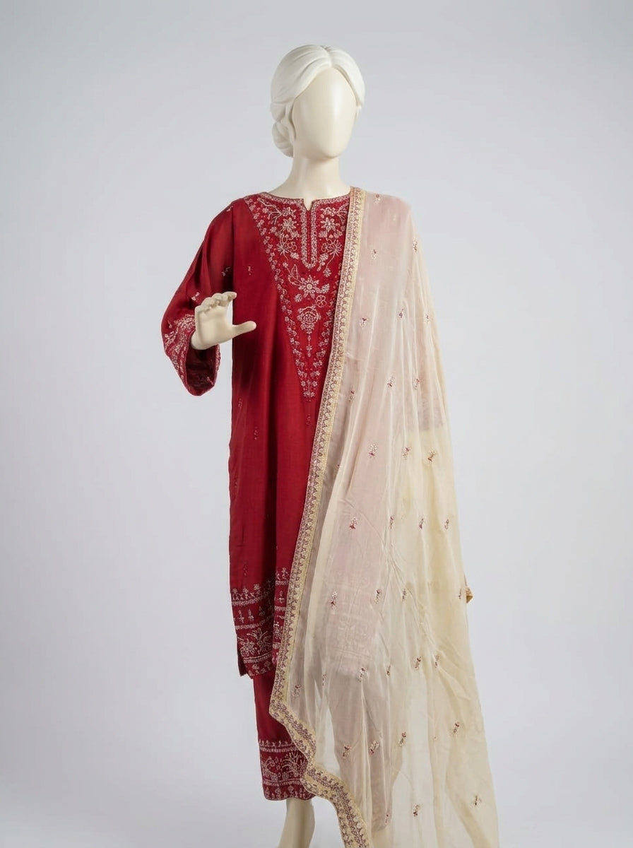 3 Piece Heavy Embroidered Karandi Suit with Chiffon Dupatta & Embroidered Trouser (Stitched)