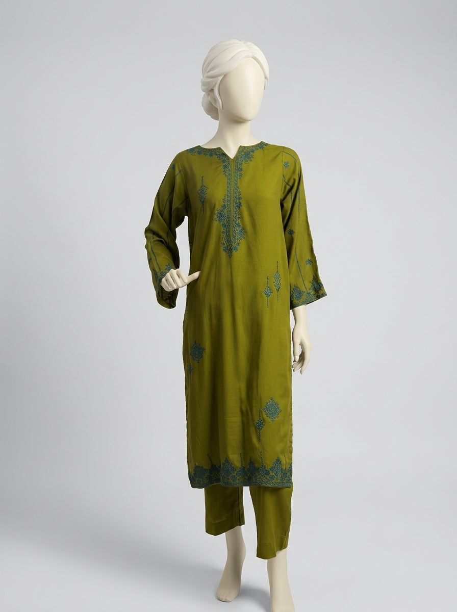 3 Piece Embroidered Karandi Suit with Full Embroidered Chiffon Dupatta (Stitched)