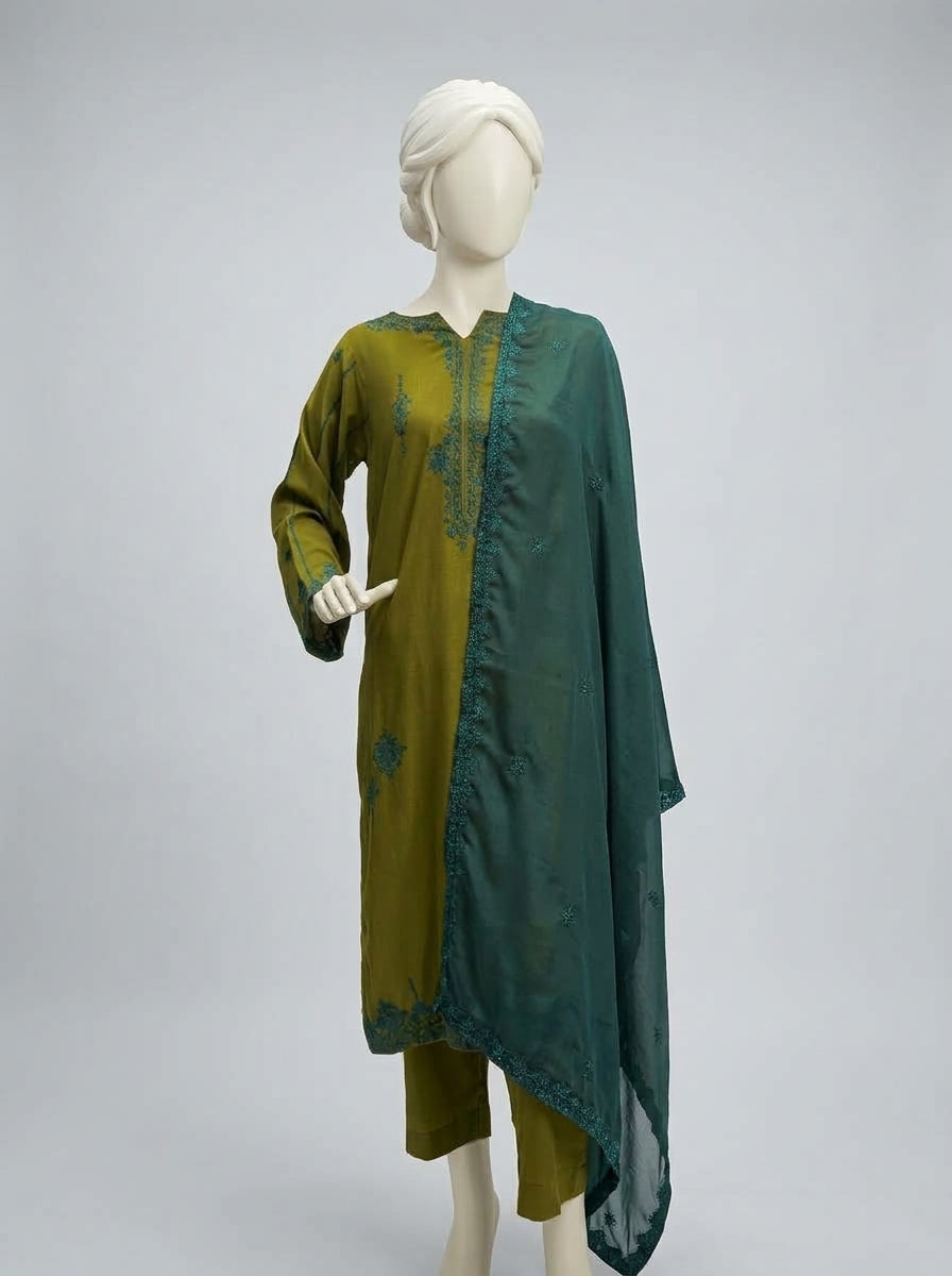 3 Piece Embroidered Karandi Suit with Full Embroidered Chiffon Dupatta (Stitched)